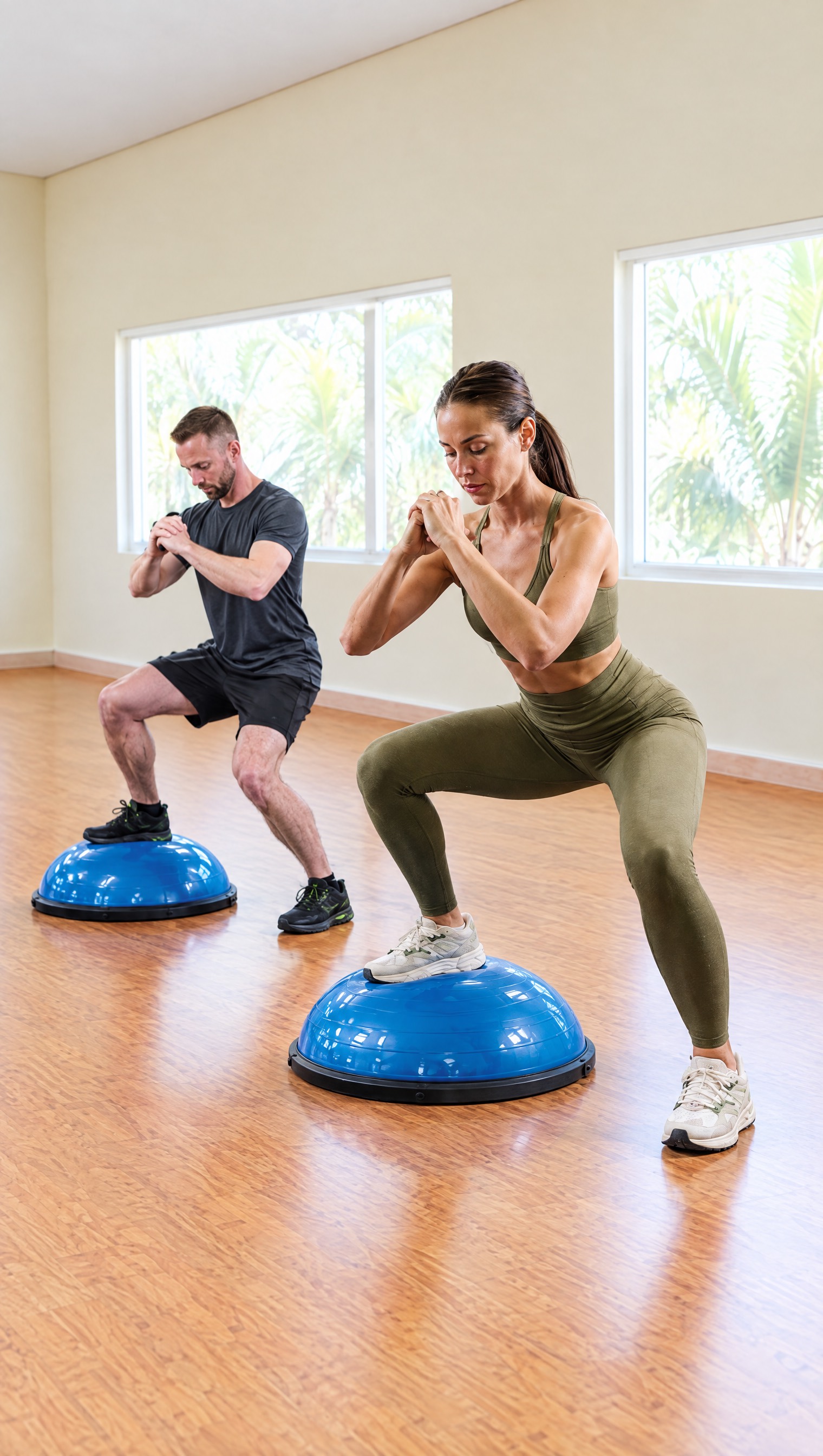 Members doing BOSU ball squats during FITQOR HIIT Ignite